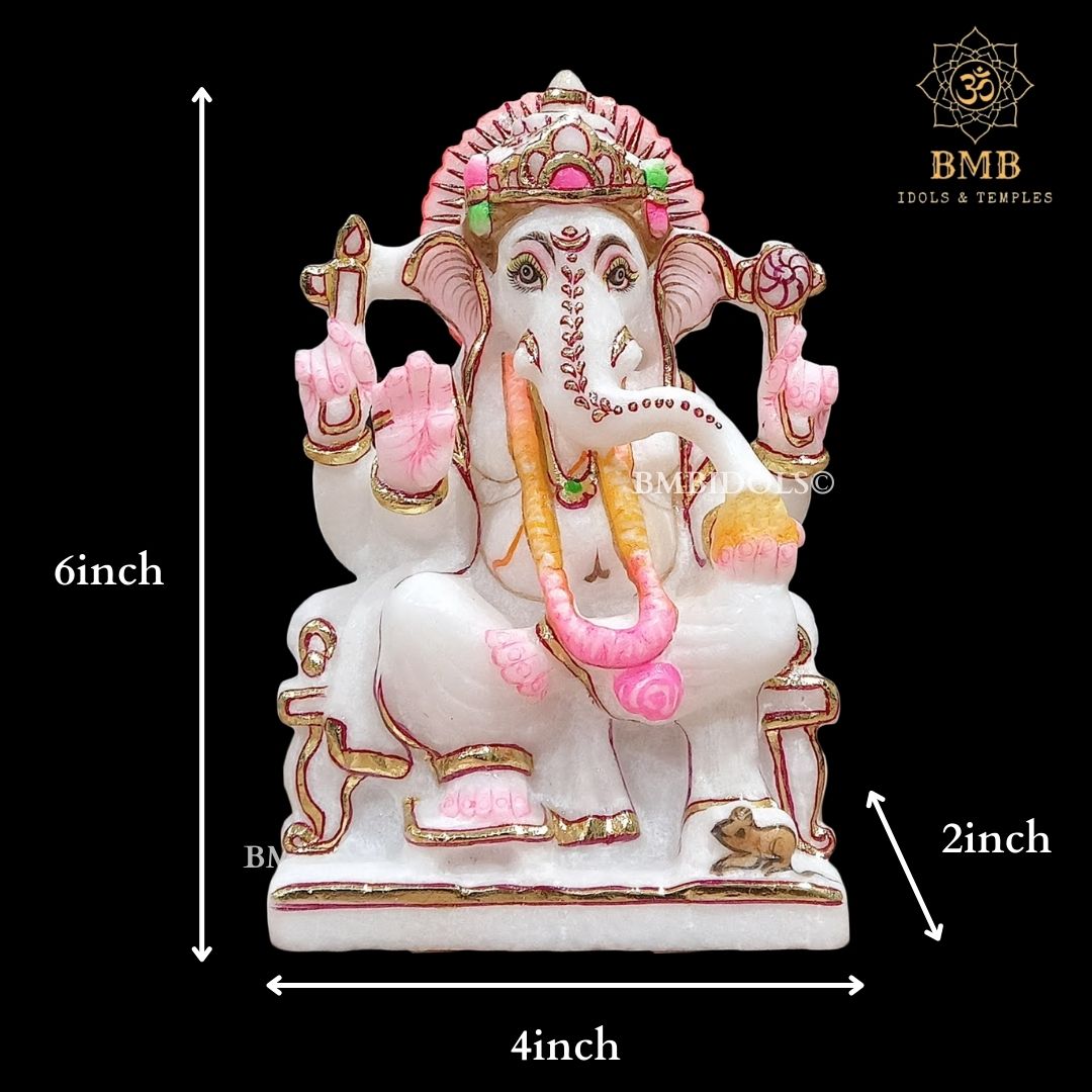 Four Hand Marble Ganesha Moorti made in 6inches in pure white Makrana Marble