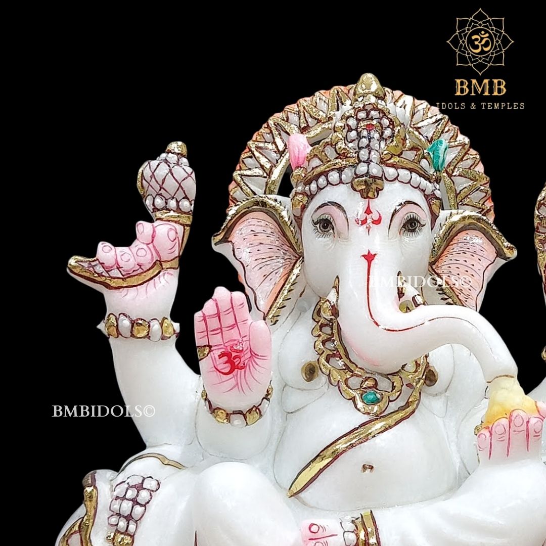 Four Hand Marble Ganpati Murti Sitting on Chowki in 10inches