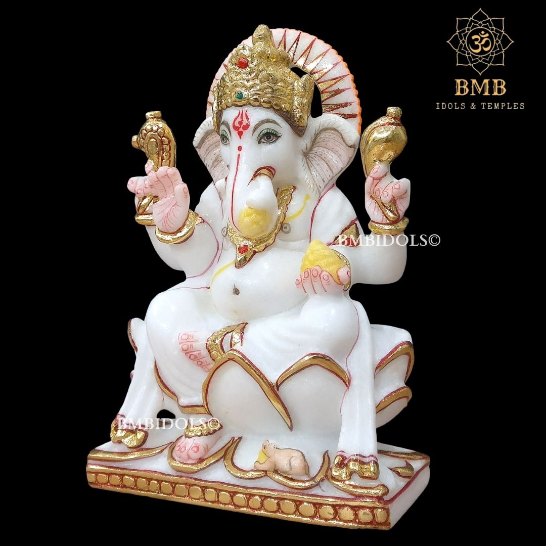 Marble Ganesh Idol made in Makrana Marble Sitting on lotus in 9inches