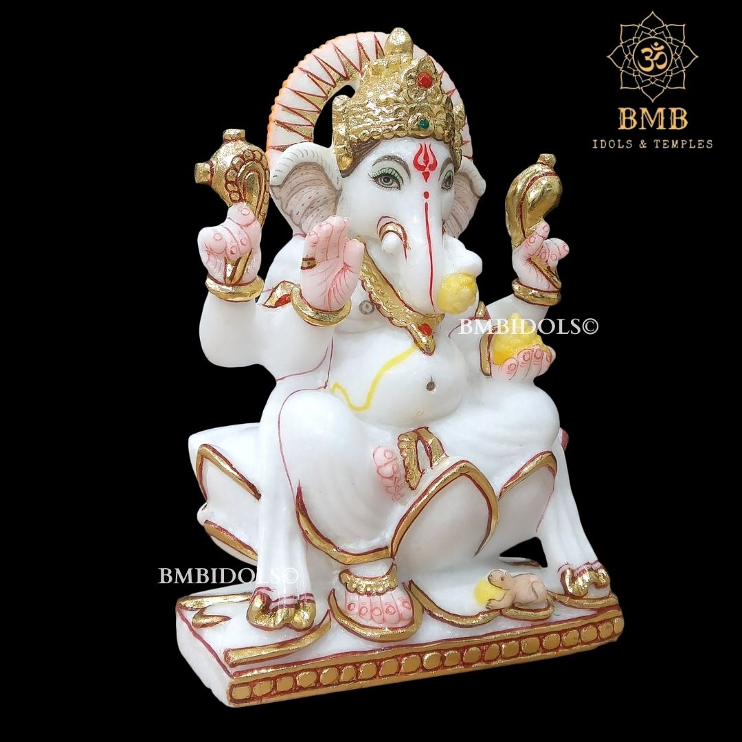 Marble Ganesh Idol made in Makrana Marble Sitting on lotus in 9inches