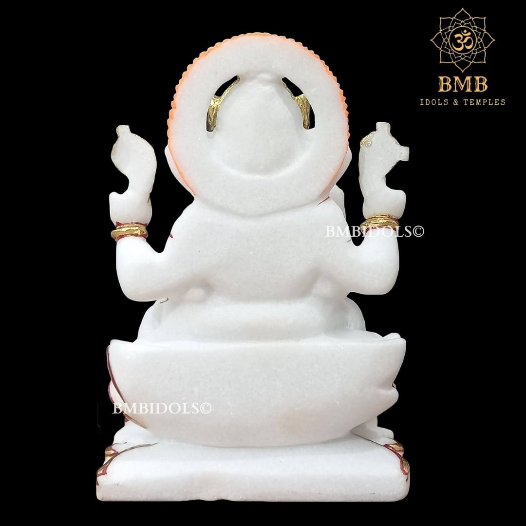 Marble Ganesh Idol made in Makrana Marble Sitting on lotus in 9inches