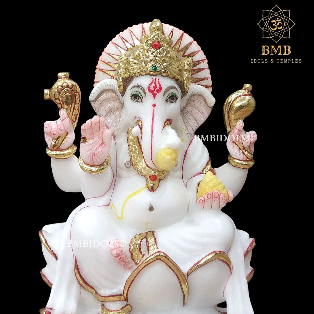 Marble Ganesh Idol made in Makrana Marble Sitting on lotus in 9inches