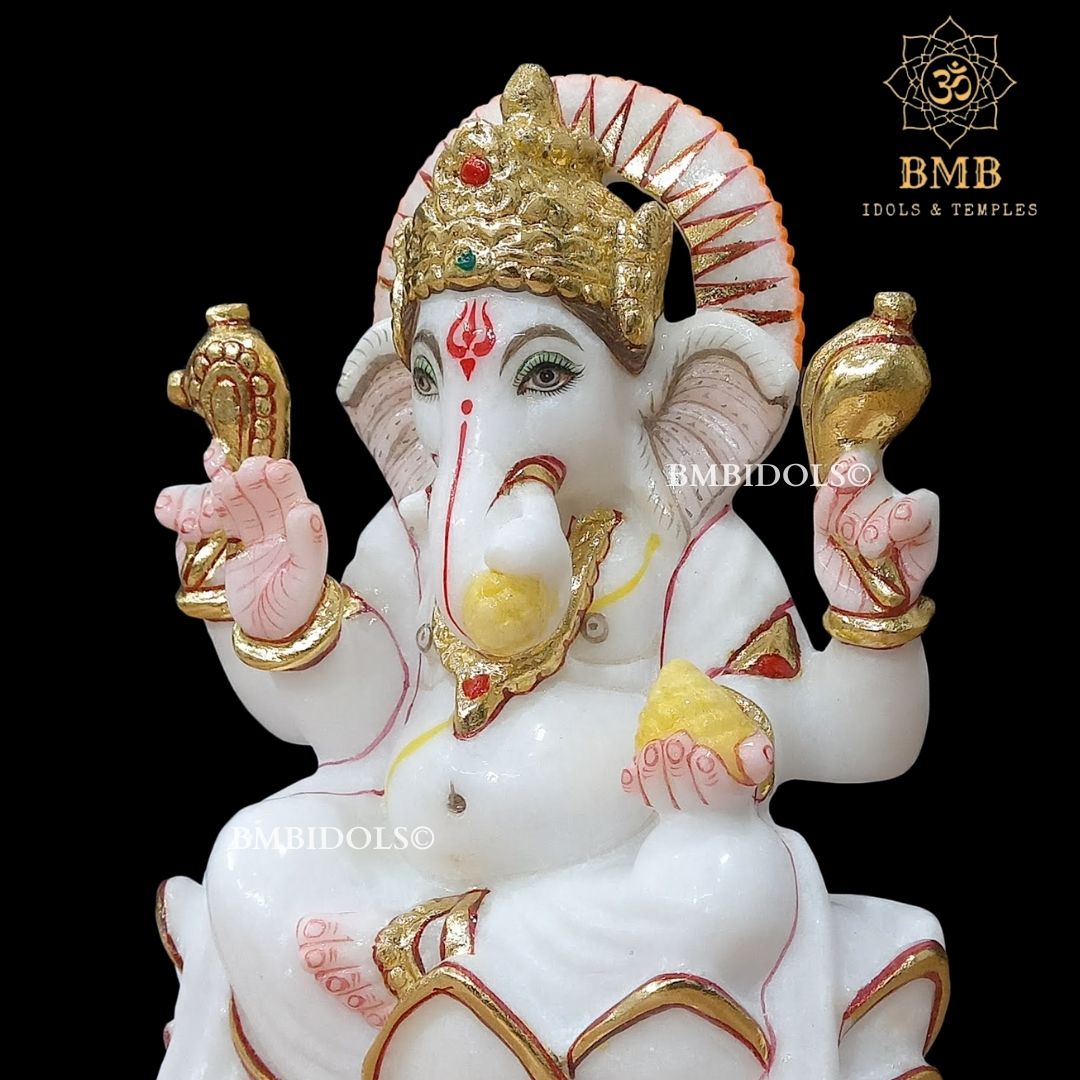 Marble Ganesh Idol made in Makrana Marble Sitting on lotus in 9inches