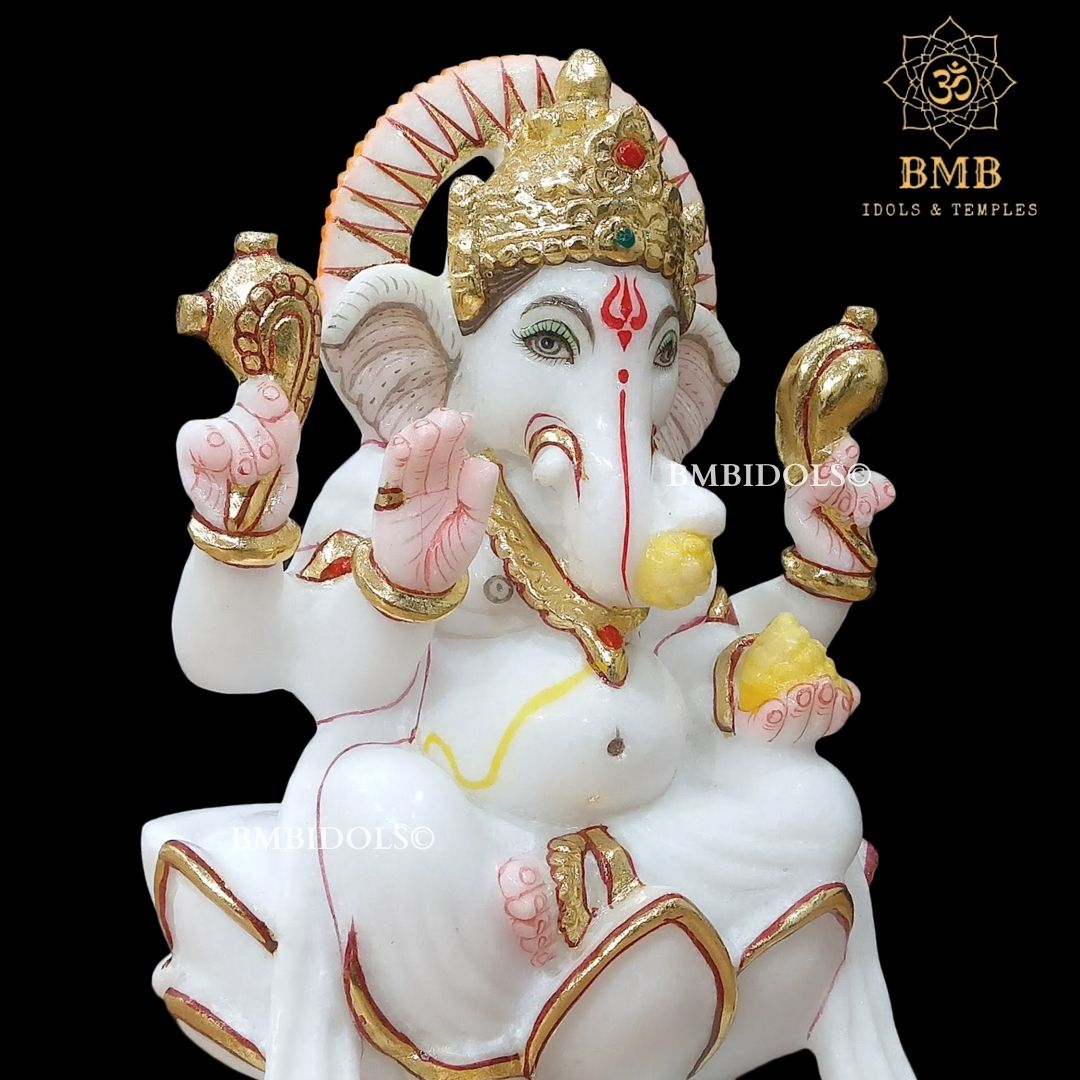 Marble Ganesh Idol made in Makrana Marble Sitting on lotus in 9inches