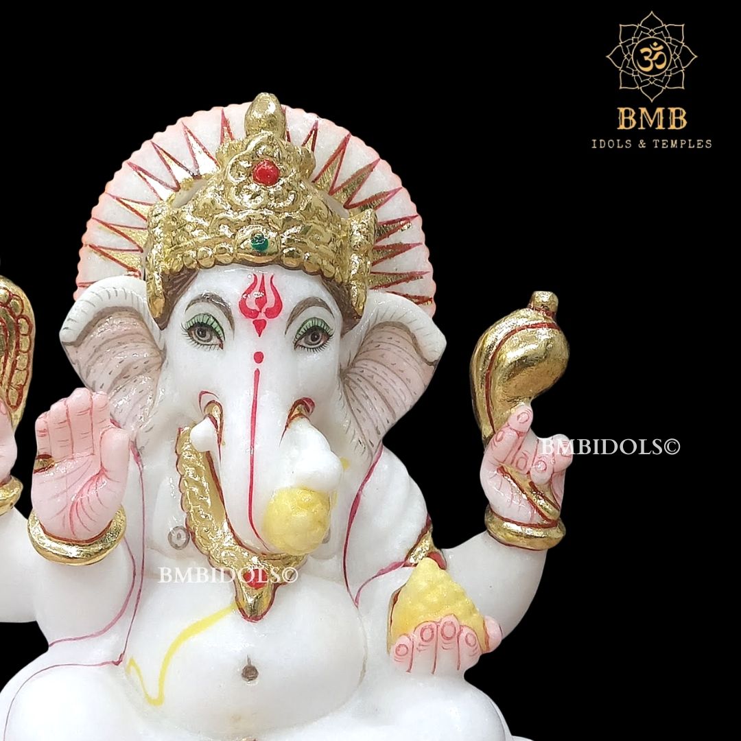 Marble Ganesh Idol made in Makrana Marble Sitting on lotus in 9inches