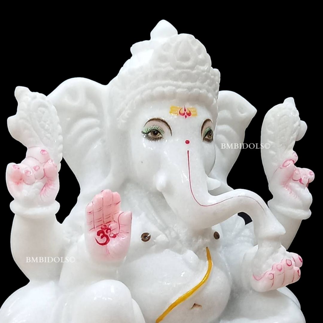 White Marble Ganesh Ji Murti in the Sitting posture in Vietnam Marble in 10inch