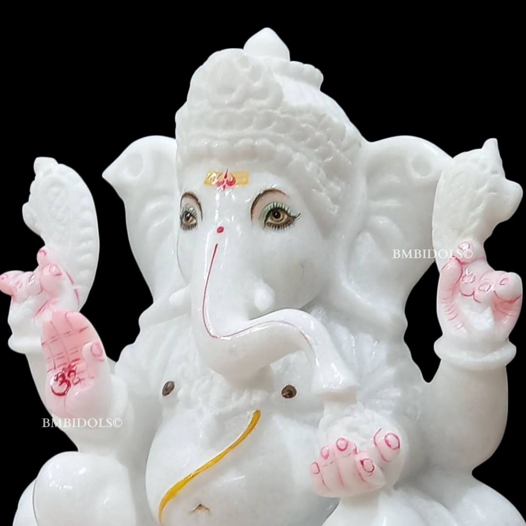 White Marble Ganesh Ji Murti in the Sitting posture in Vietnam Marble in 10inch