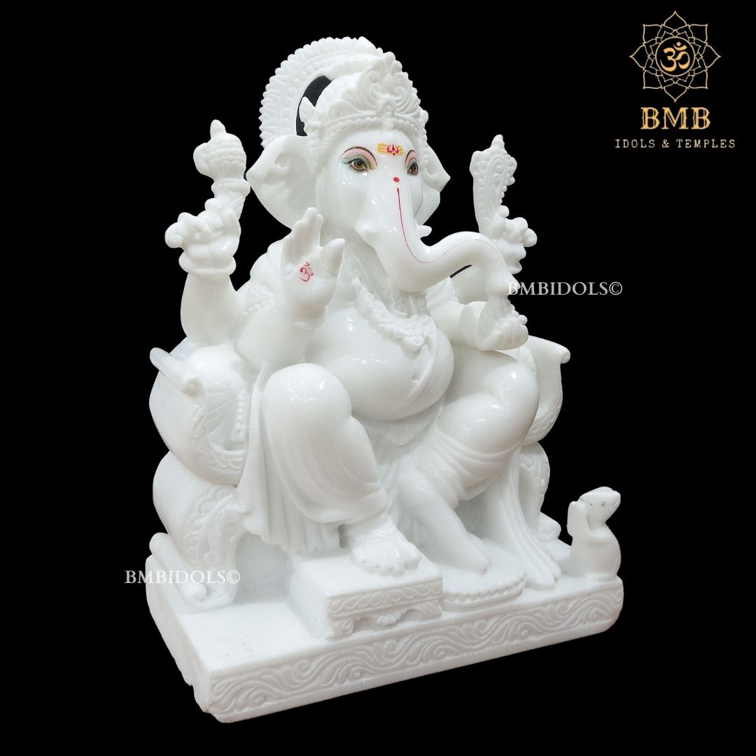 White Makrana Marble Ganesh Statue made Sitting on chowki in 18inches