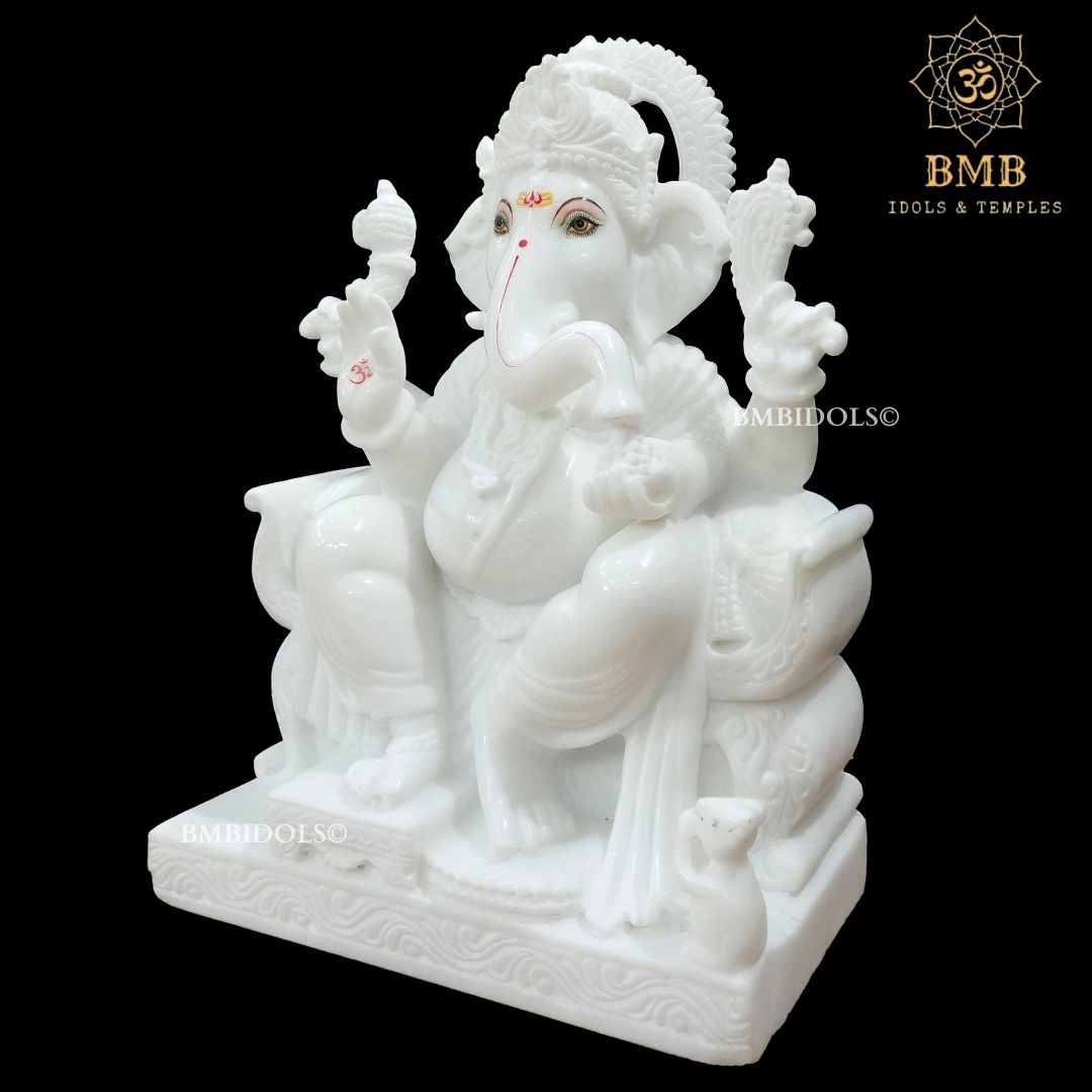 White Makrana Marble Ganesh Statue made Sitting on chowki in 18inches
