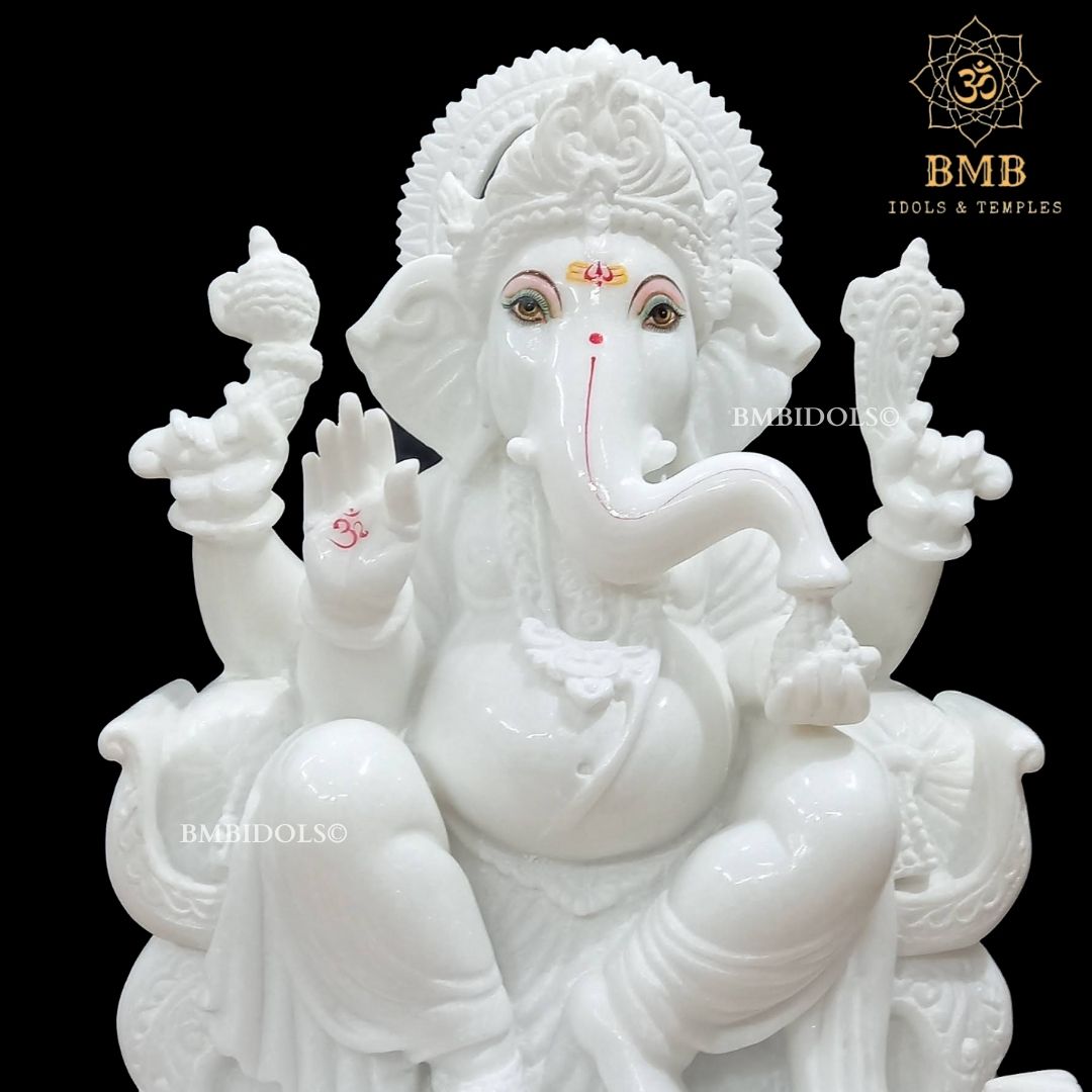 White Makrana Marble Ganesh Statue made Sitting on chowki in 18inches