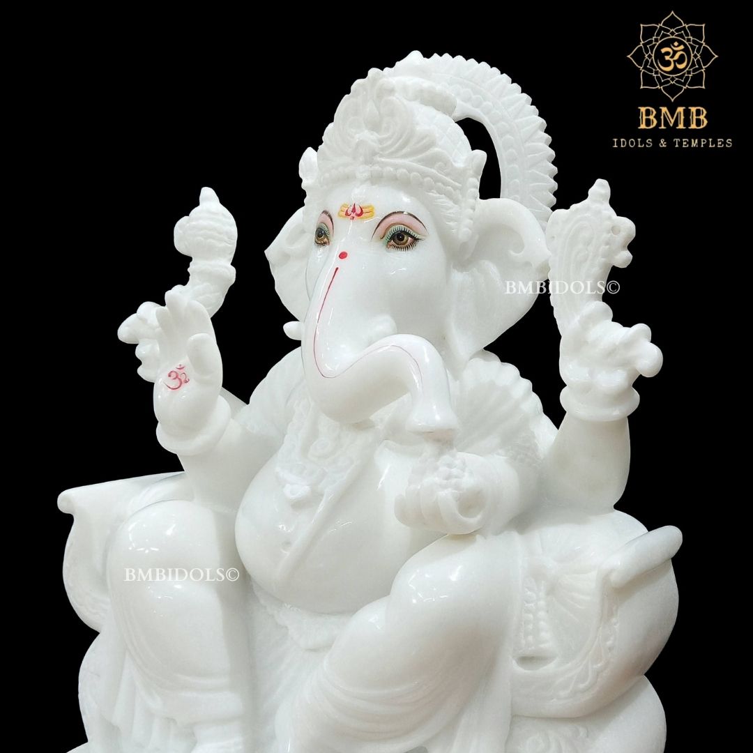 White Makrana Marble Ganesh Statue made Sitting on chowki in 18inches