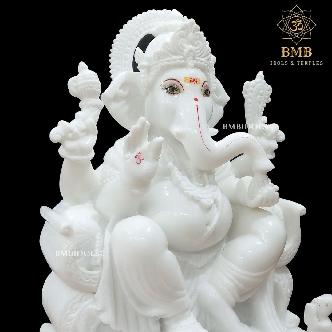 White Makrana Marble Ganesh Statue made Sitting on chowki in 18inches