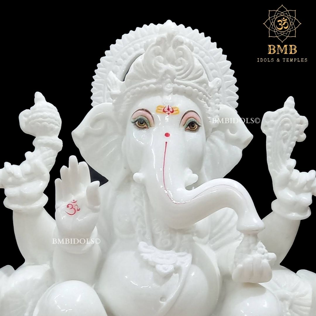 White Makrana Marble Ganesh Statue made Sitting on chowki in 18inches