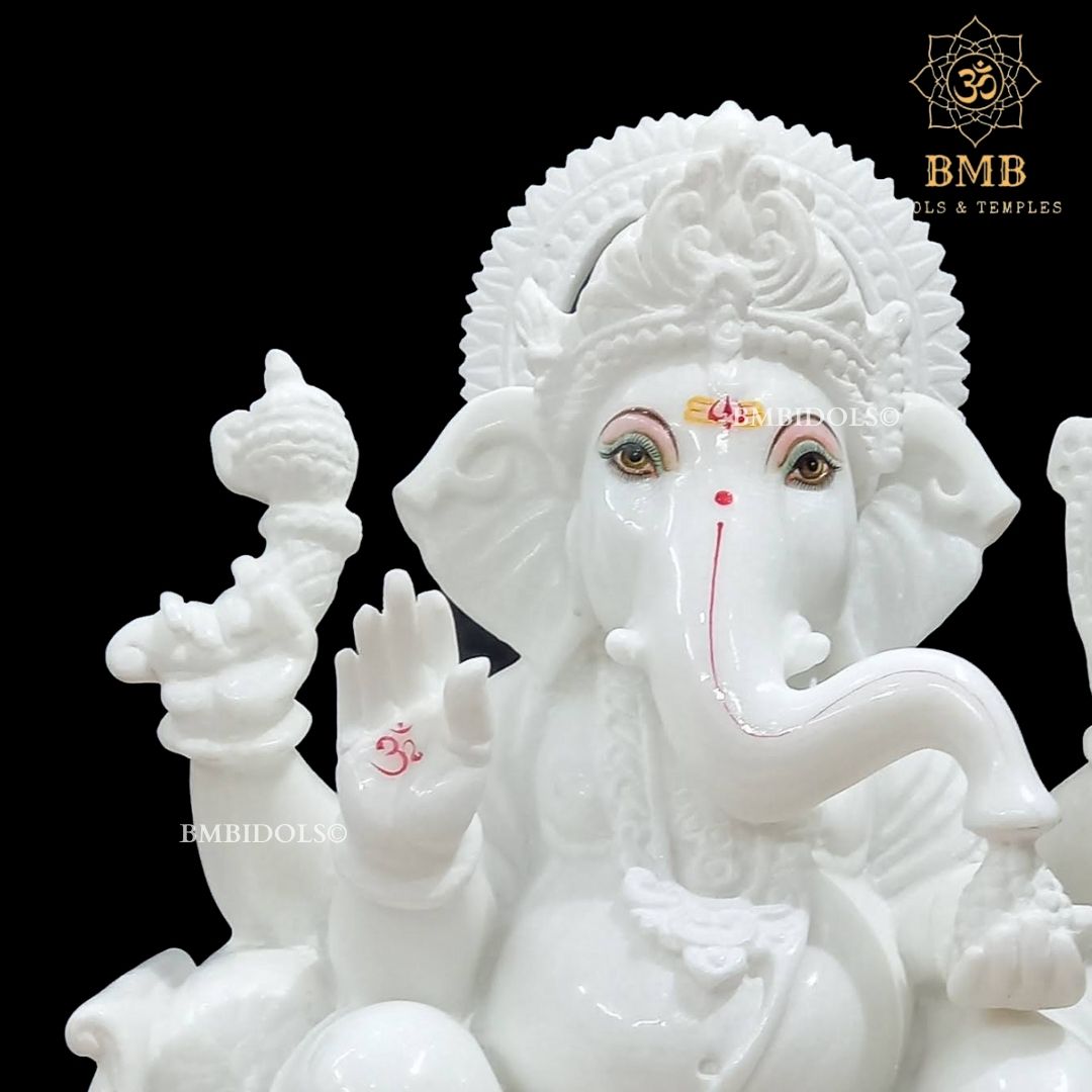 White Makrana Marble Ganesh Statue made Sitting on chowki in 18inches