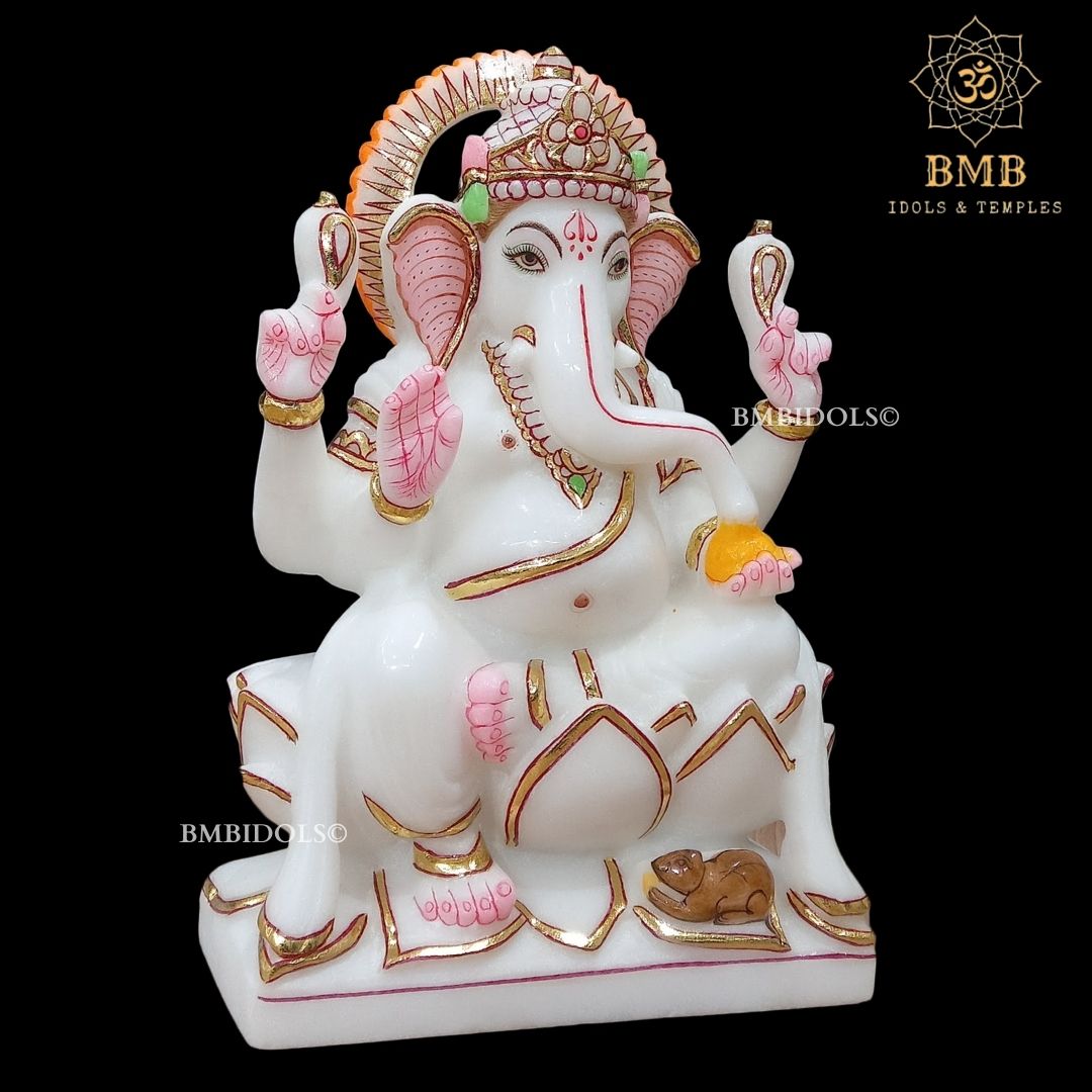 White Marble Ganesha Murti Sitting On the Lotus ashirwad Posture in 9inch