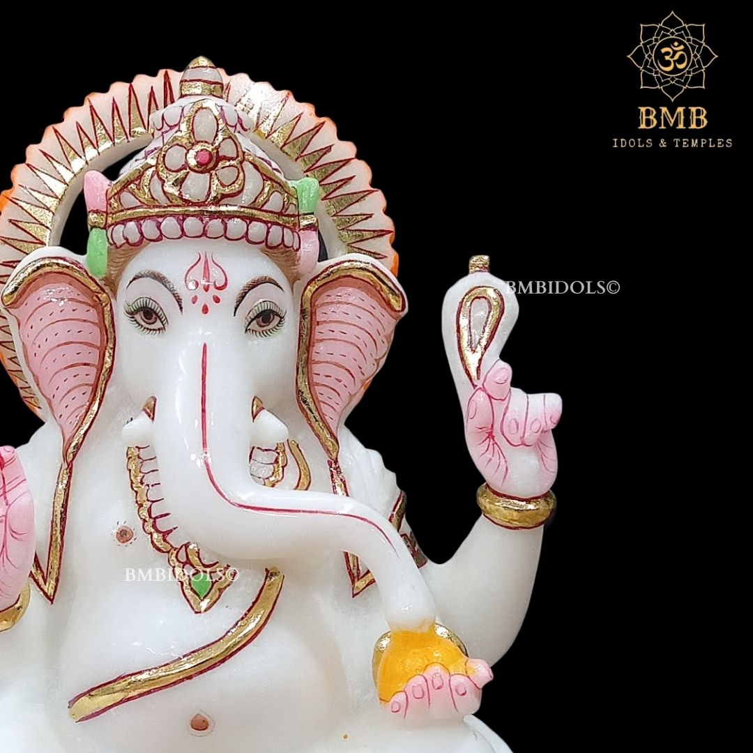 White Marble Ganesha Murti Sitting On the Lotus ashirwad Posture in 9inch