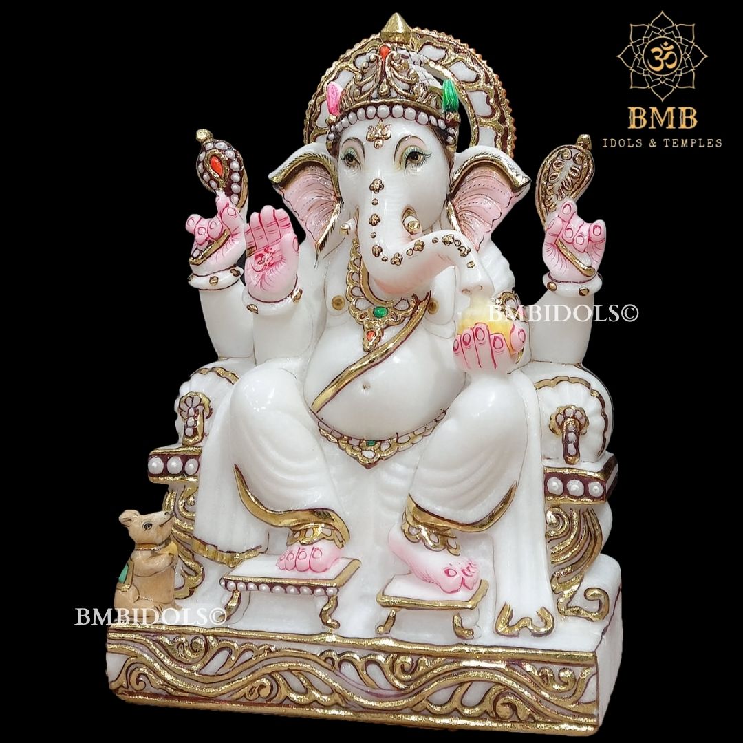 Marble Ganesh Murti sitting on the Chowki in 12inches in white Marble