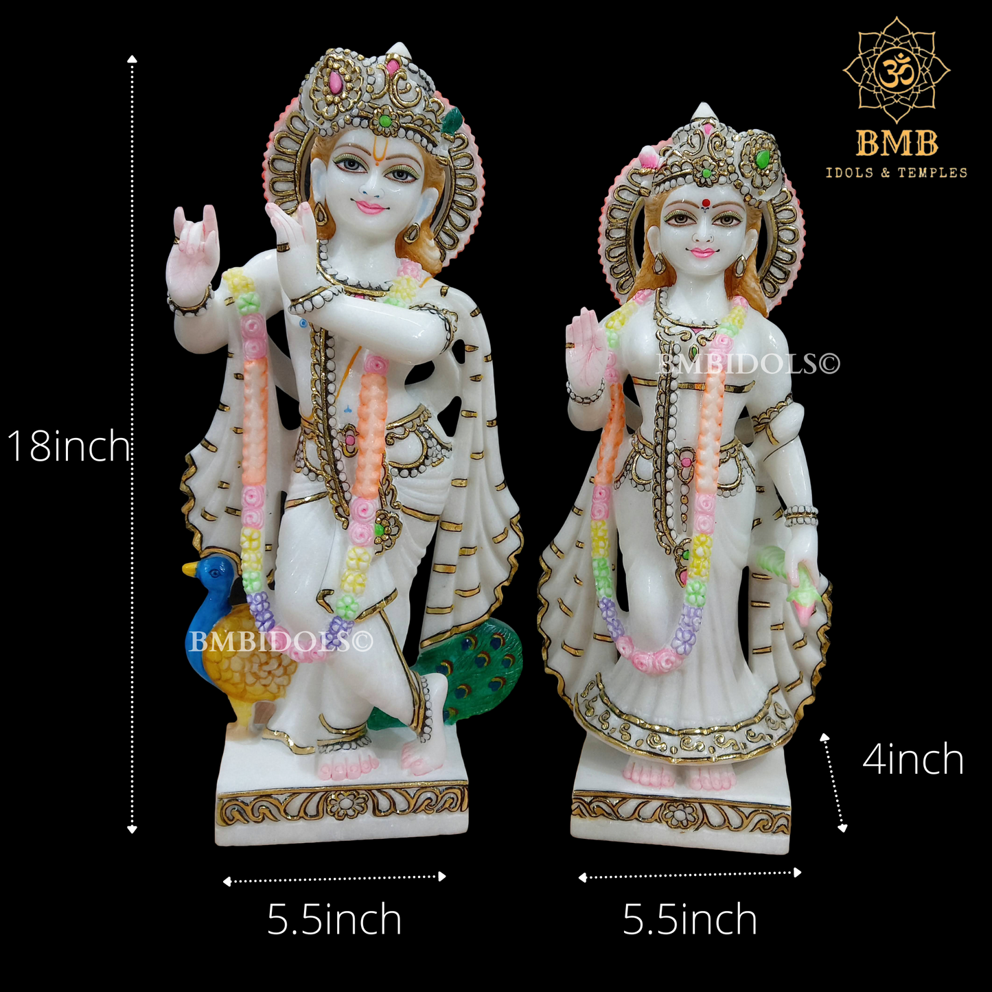 Double Feather Marble Radha Krishna Statue with Peacock in Standing Posture
