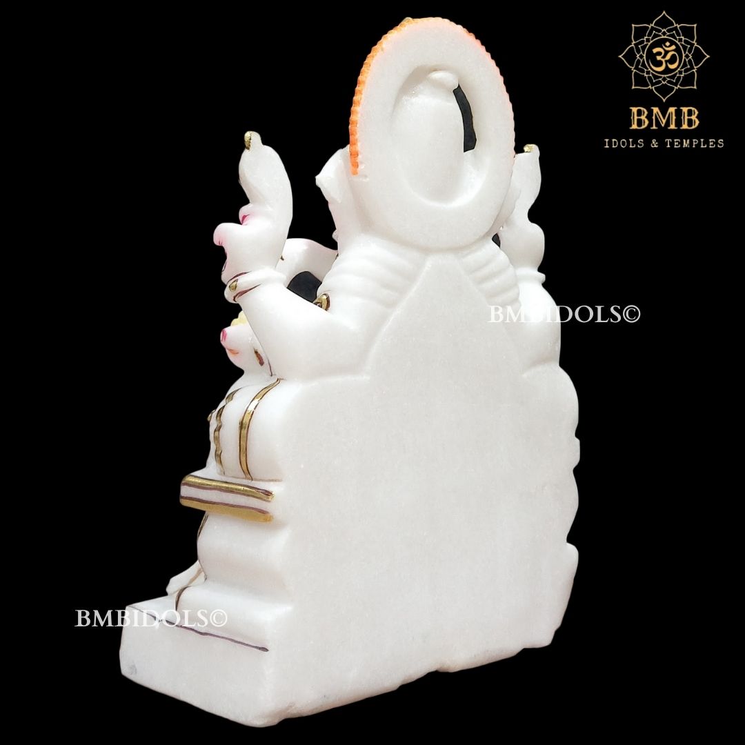 Marble Ganesh Murti sitting on the Chowki in 12inches in white Marble