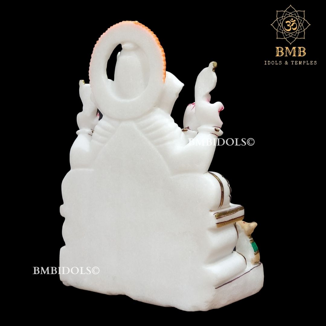 Marble Ganesh Murti sitting on the Chowki in 12inches in white Marble