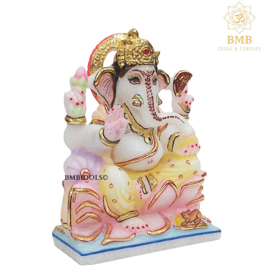 Marble Ganesha Statue sitting on the Lotus in Small size of 6"