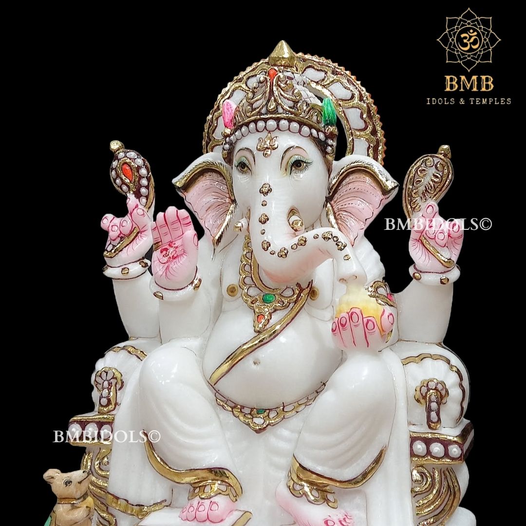 Marble Ganesh Murti sitting on the Chowki in 12inches in white Marble