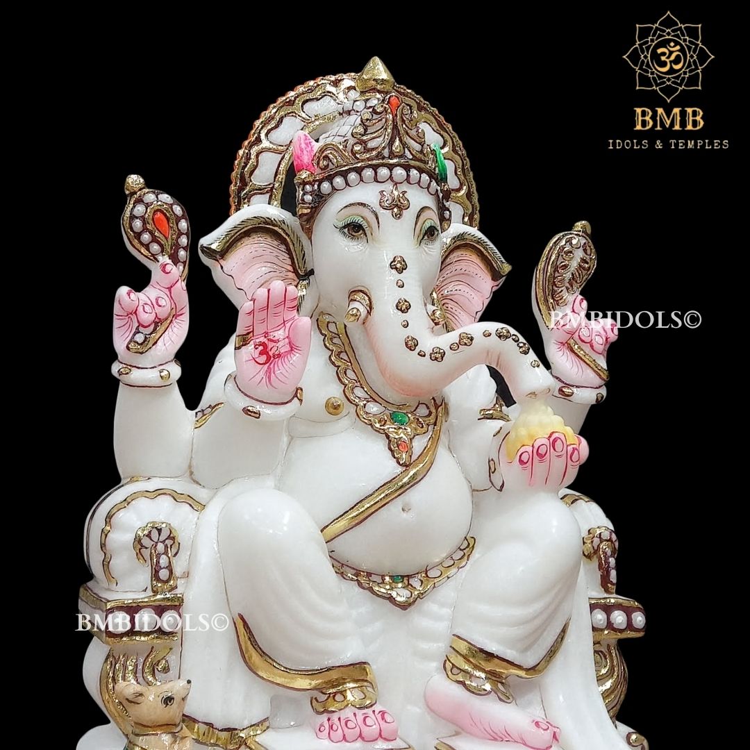Marble Ganesh Murti sitting on the Chowki in 12inches in white Marble