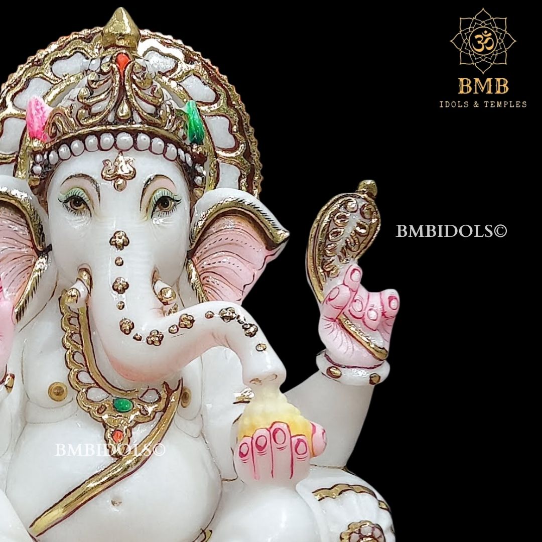 Marble Ganesh Murti sitting on the Chowki in 12inches in white Marble