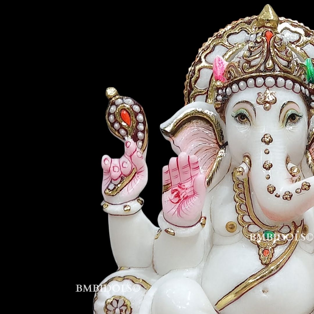Marble Ganesh Murti sitting on the Chowki in 12inches in white Marble