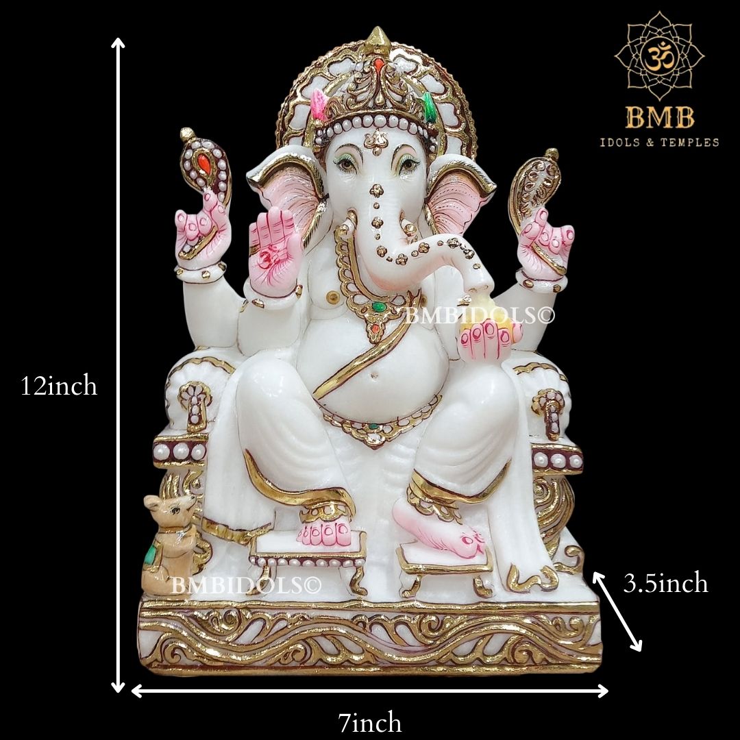 Marble Ganesh Murti sitting on the Chowki in 12inches in white Marble