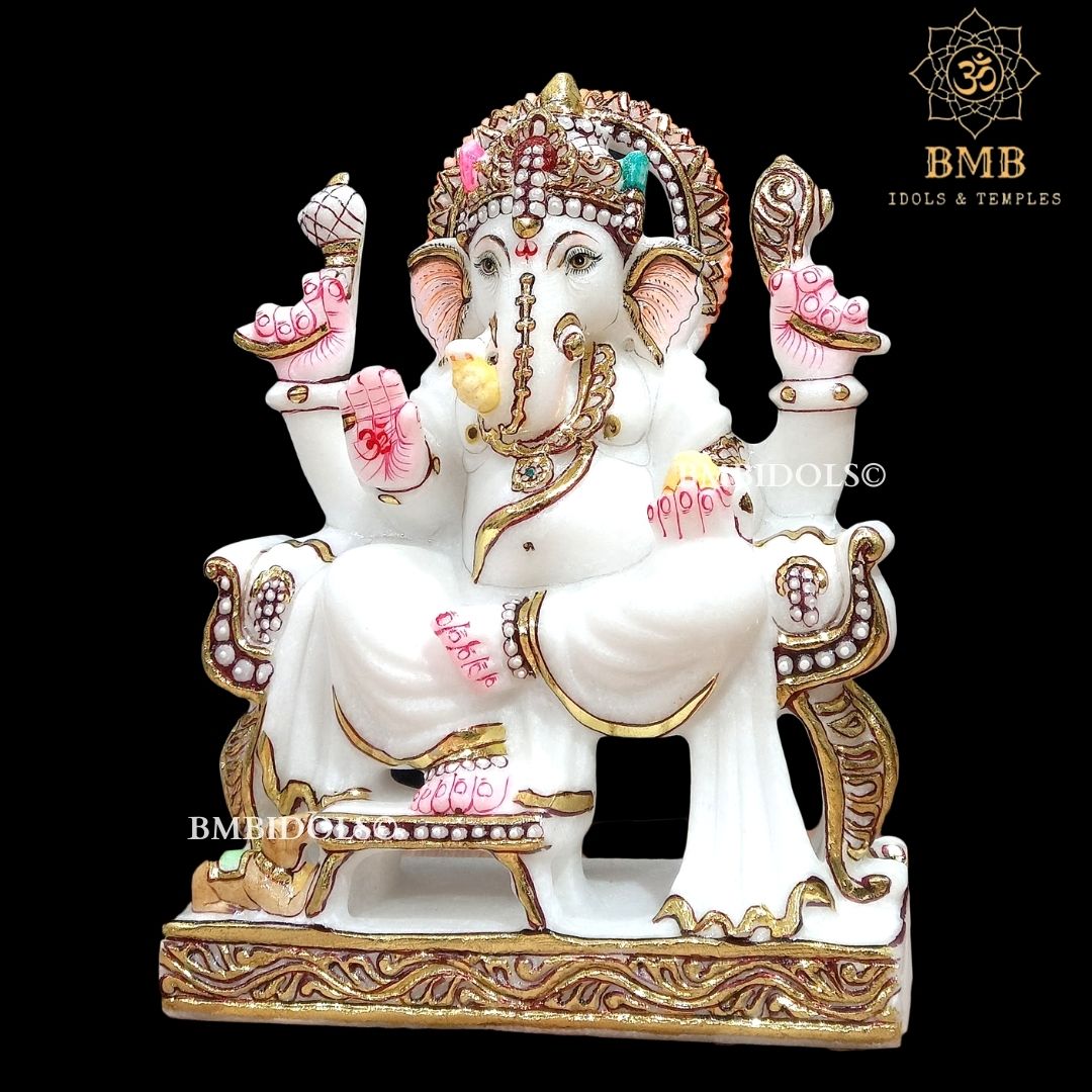Marble Ganpati Statue sitting on the chowki for Home Temples 9inches