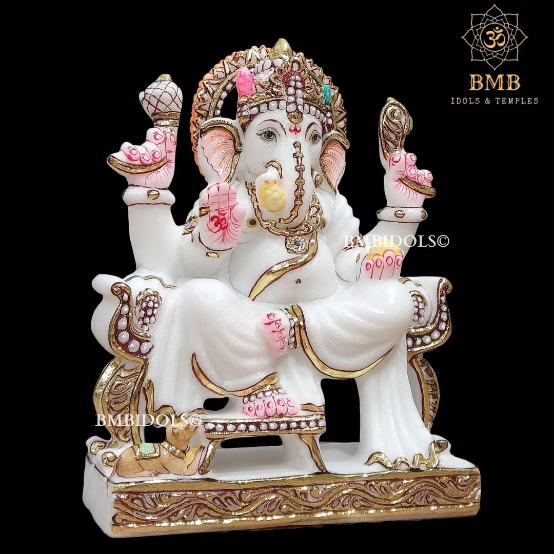 Marble Ganpati Statue sitting on the chowki for Home Temples 9inches