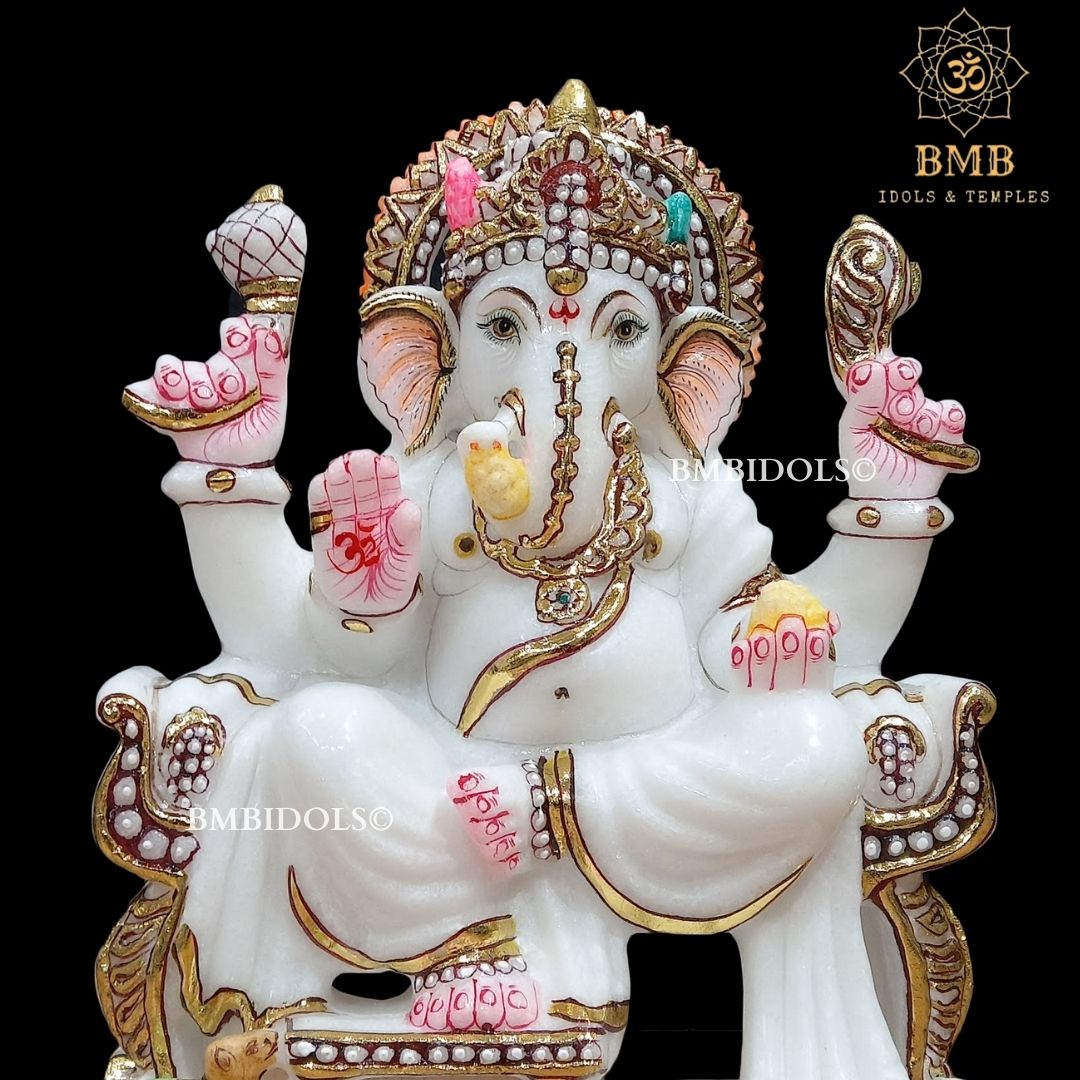 Marble Ganpati Statue sitting on the chowki for Home Temples 9inches