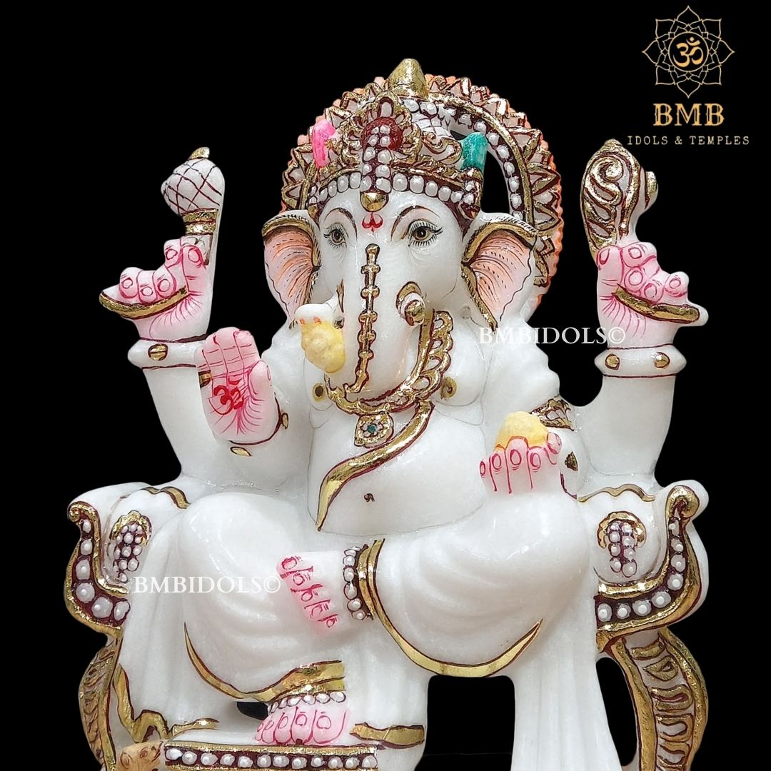 Marble Ganpati Statue sitting on the chowki for Home Temples 9inches