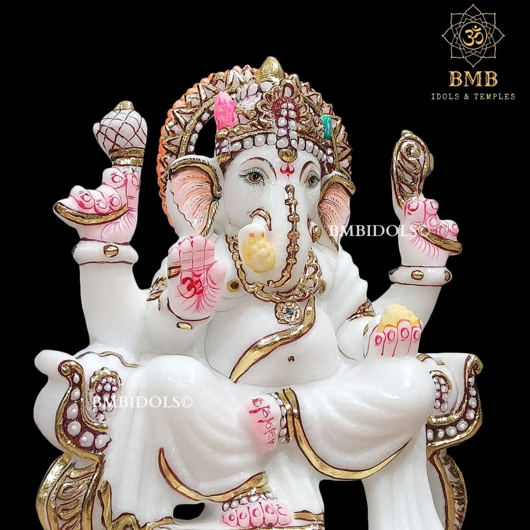 Marble Ganpati Statue sitting on the chowki for Home Temples 9inches