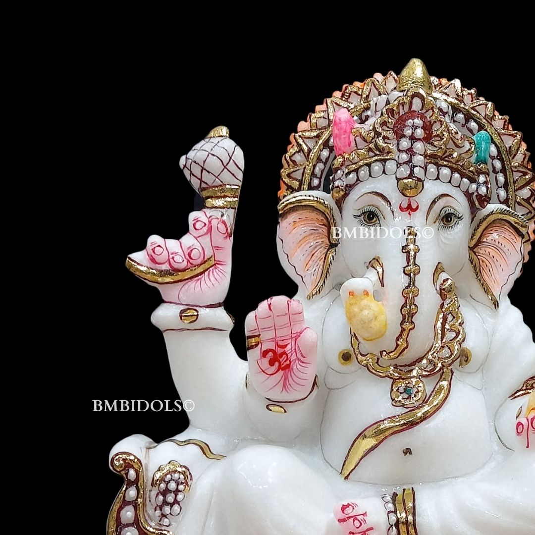 Marble Ganpati Statue sitting on the chowki for Home Temples 9inches
