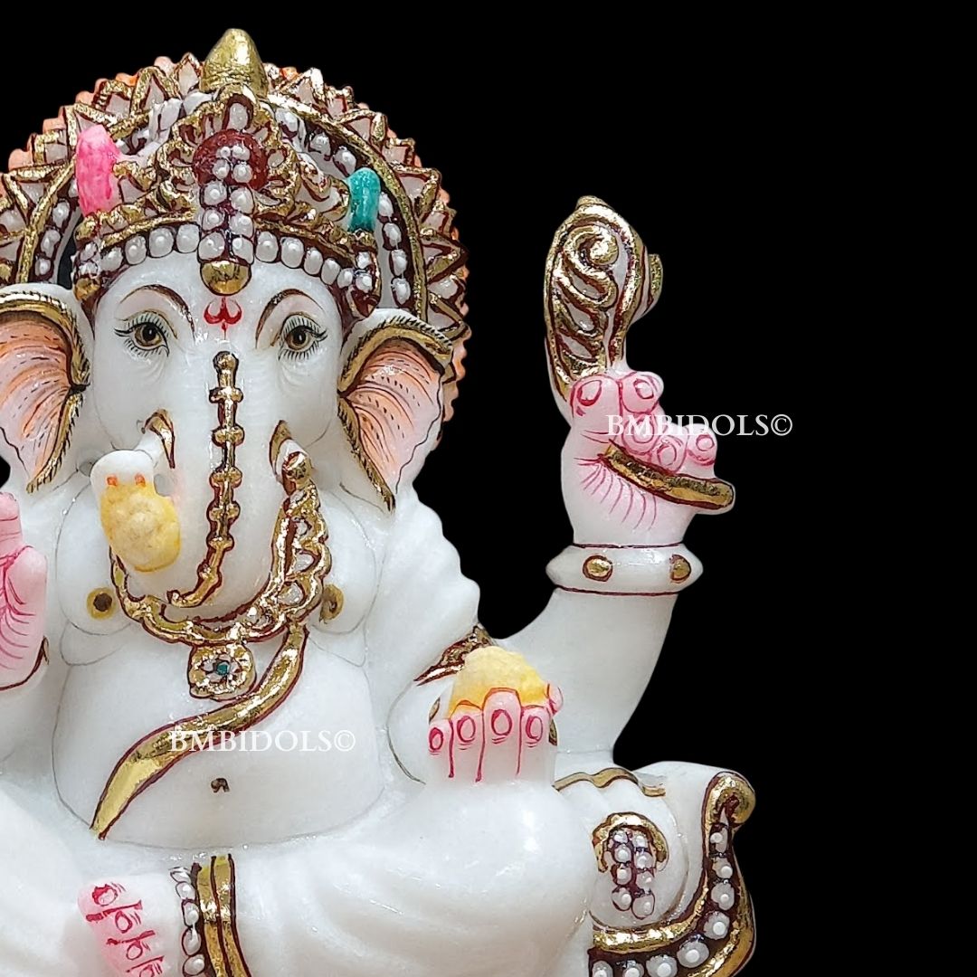 Marble Ganpati Statue sitting on the chowki for Home Temples 9inches