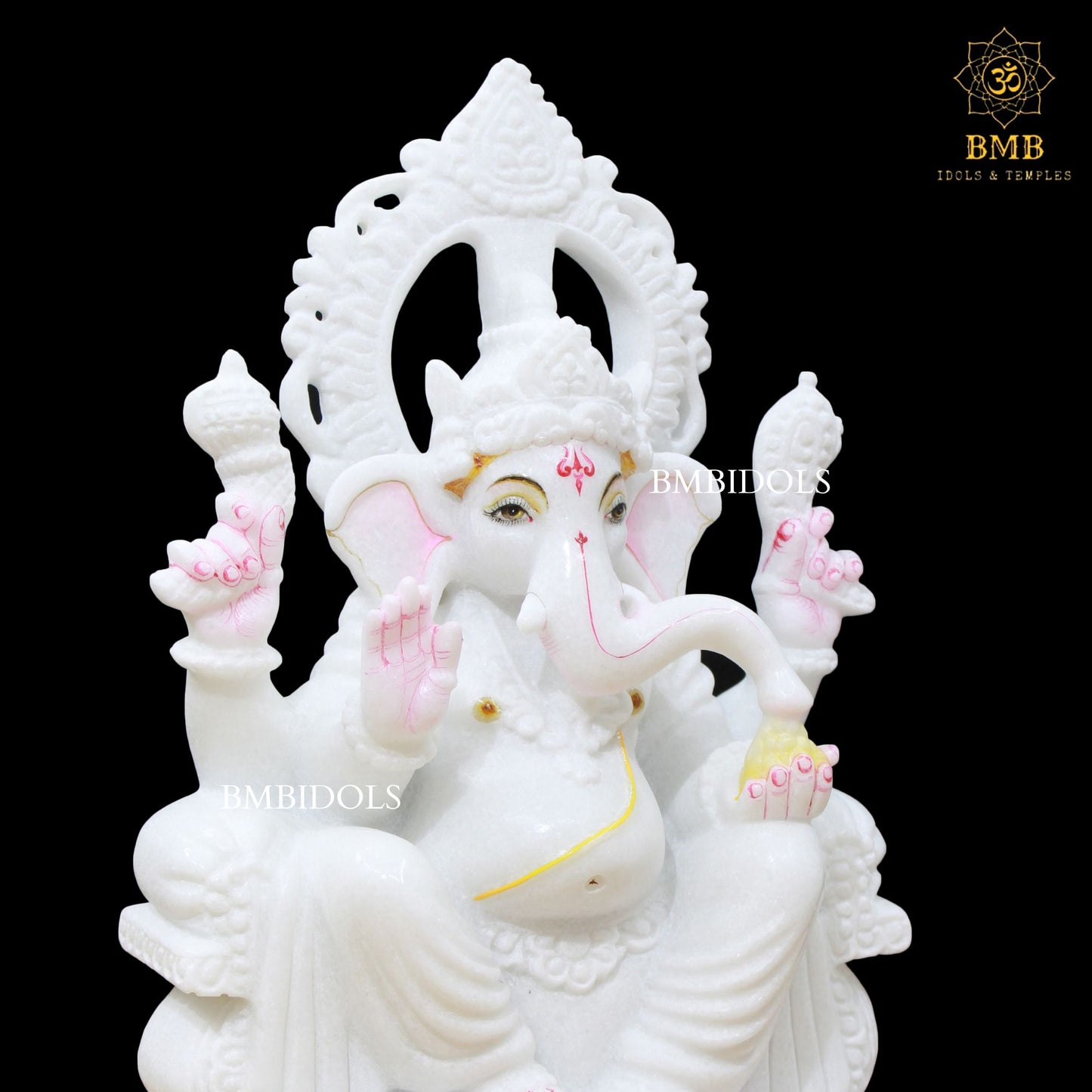 White Double Kiran Marble Ganesh Statue in 15inch with Four Hands