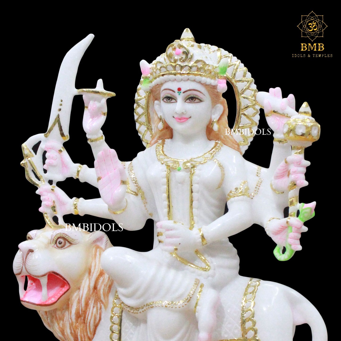 Durga Marble Idol with Eight Hands sitting on Durga in 18inches