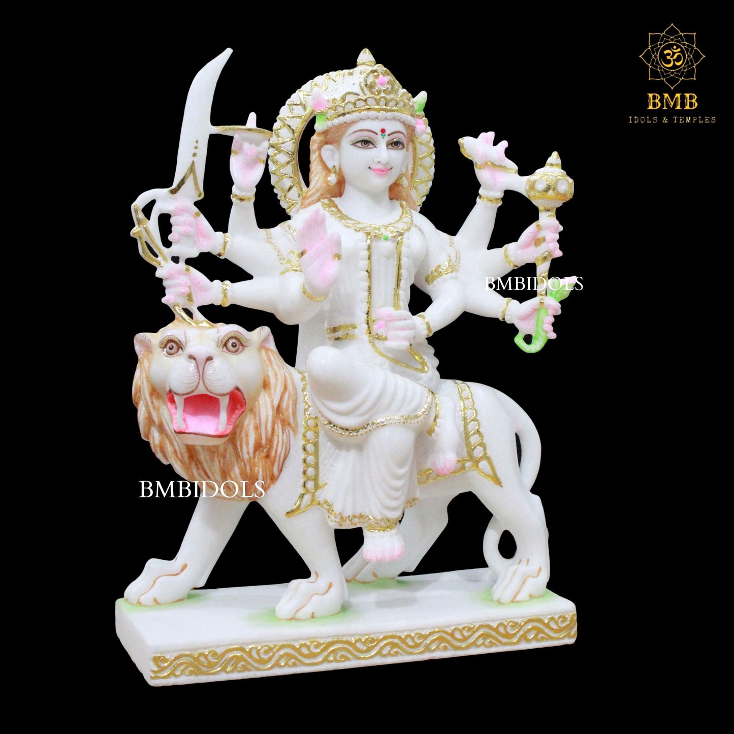 Durga Marble Idol with Eight Hands sitting on Durga in 18inches
