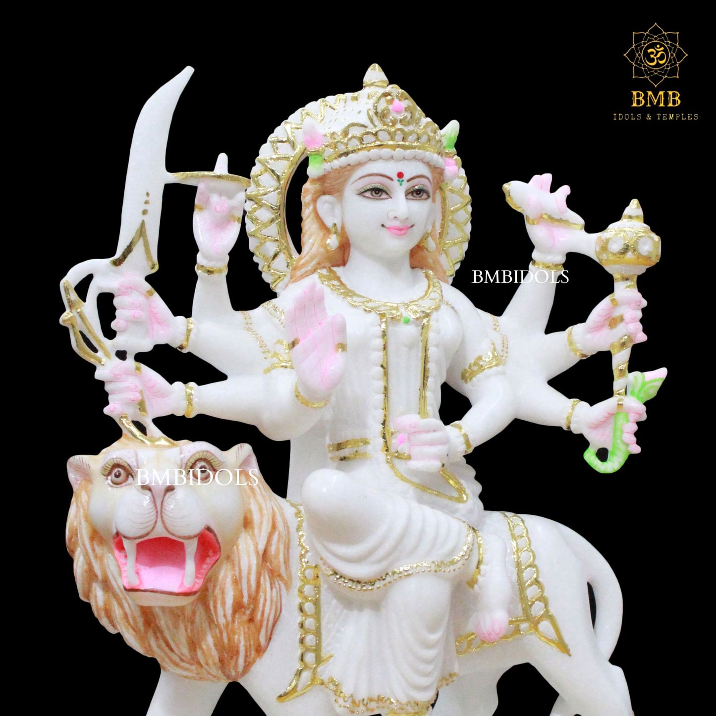Durga Marble Idol with Eight Hands sitting on Durga in 18inches