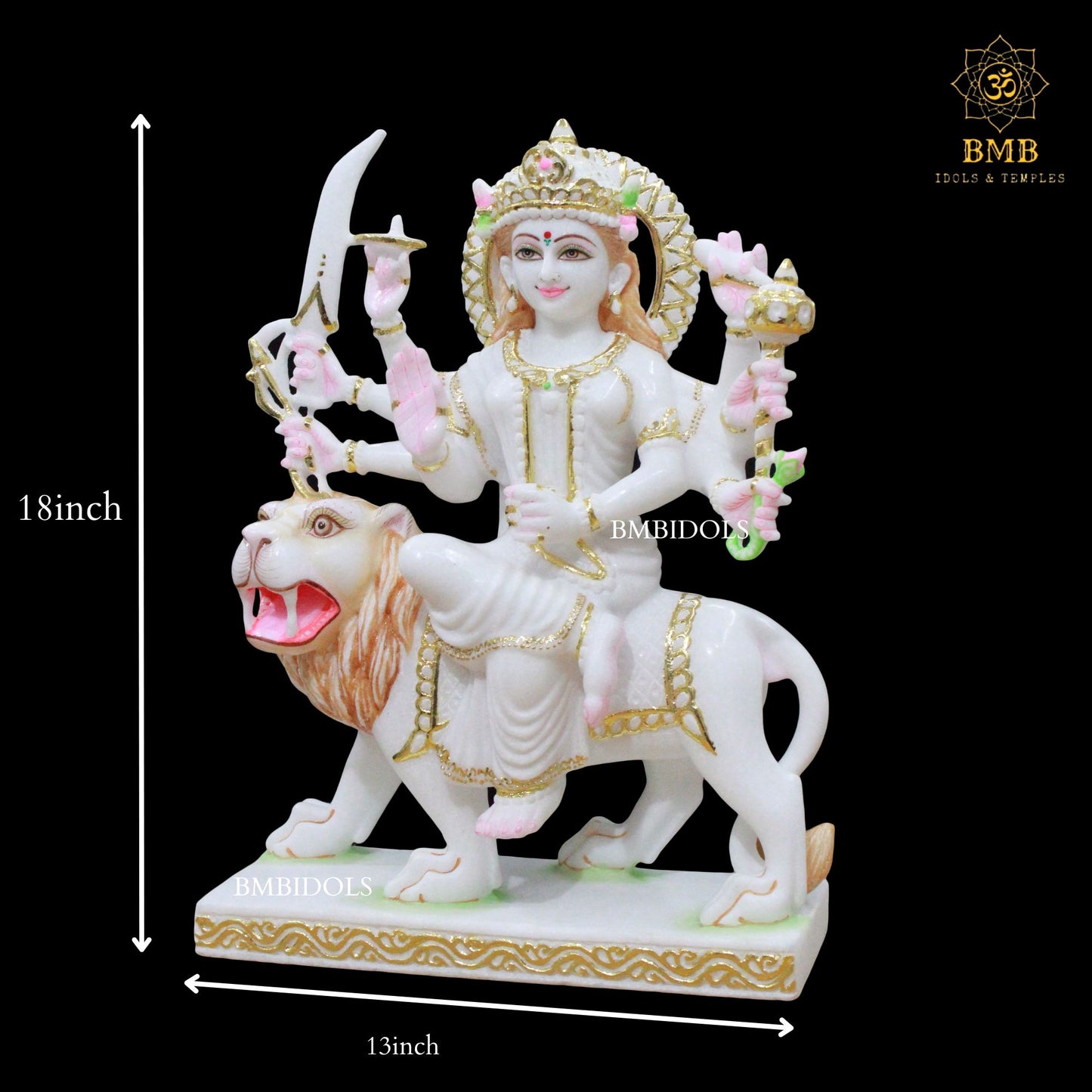 Durga Marble Idol with Eight Hands sitting on Durga in 18inches