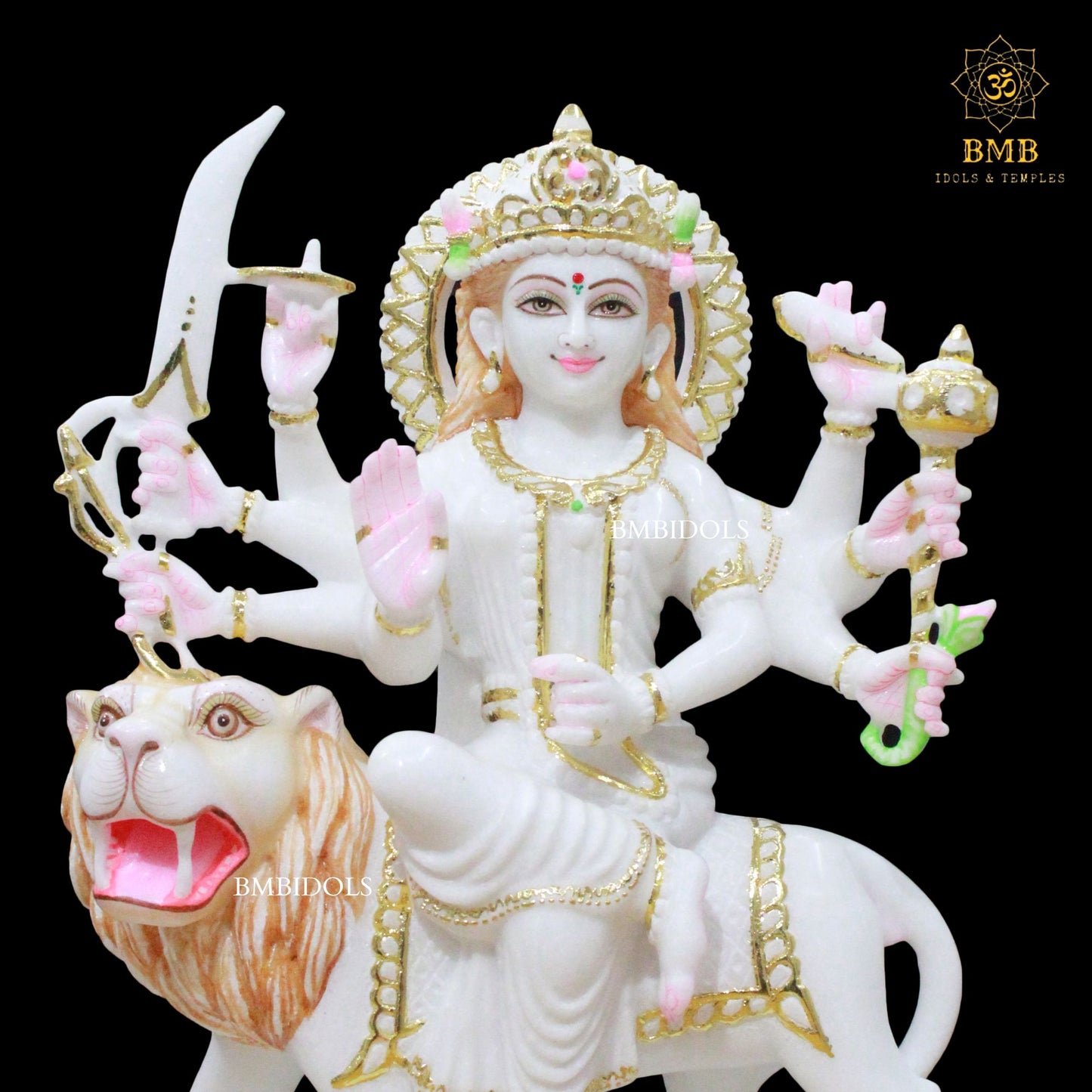 Durga Marble Idol with Eight Hands sitting on Durga in 18inches