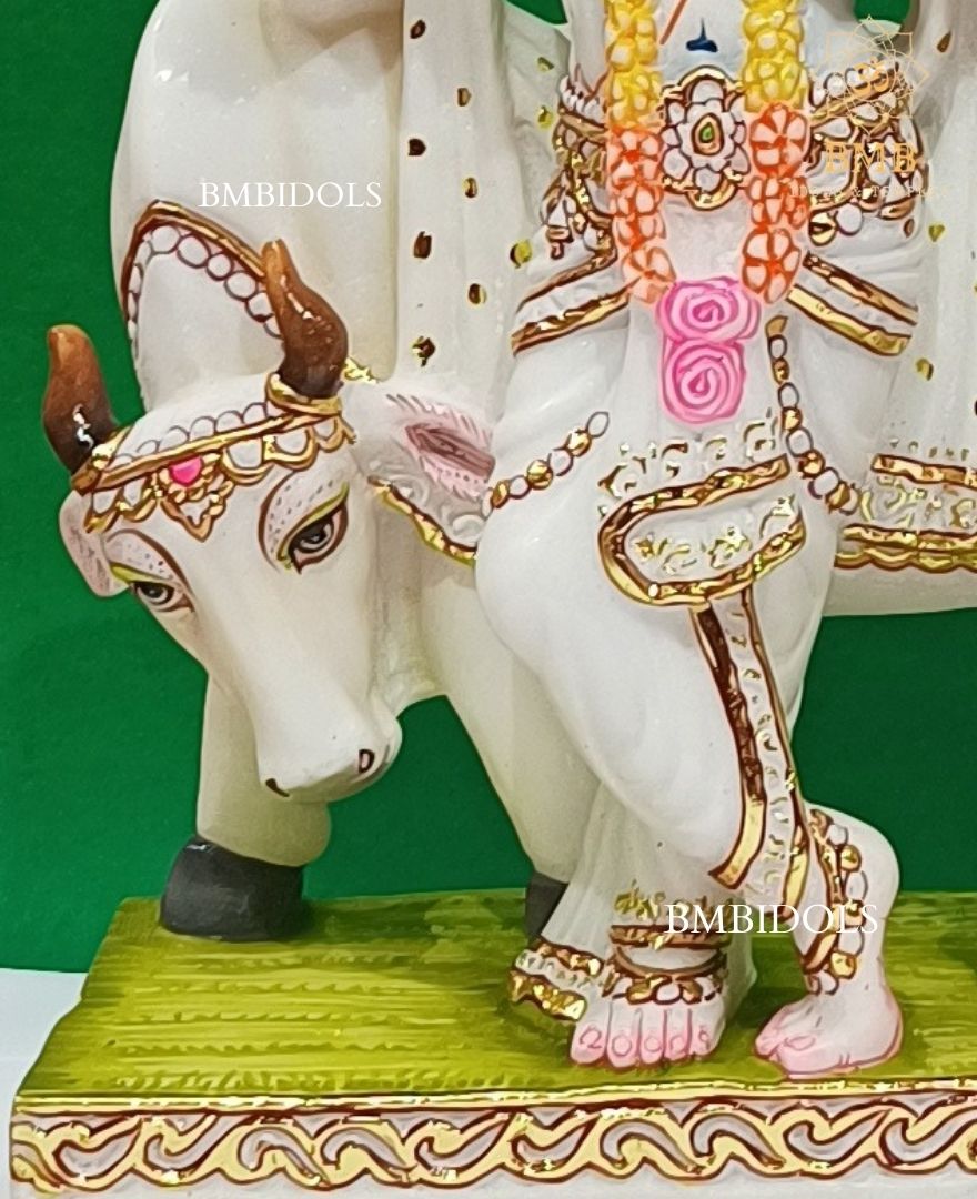 Marble Radha Krishna Murti made in White Makrana Marble with cow in 18inches