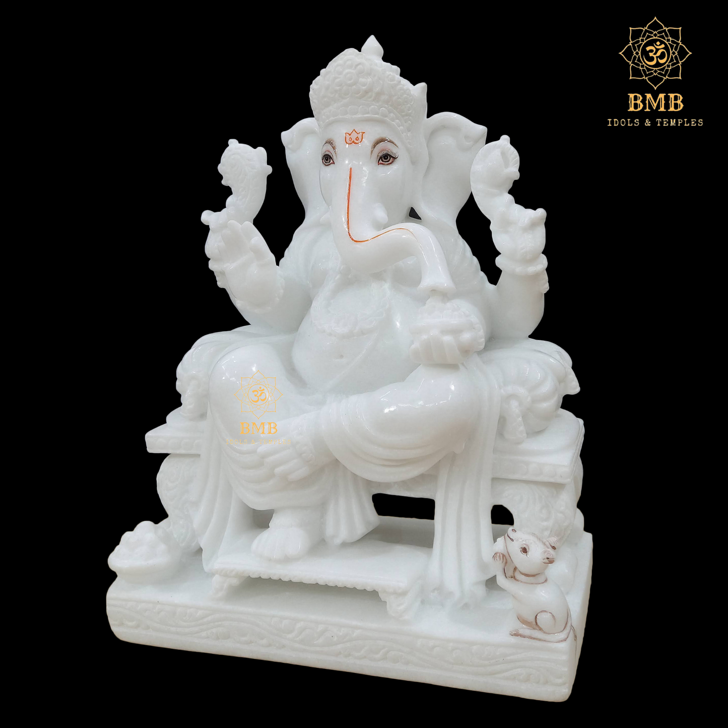 Preorder Makrana Marble Ganesha Statue sitting on the Chowki with four Hands