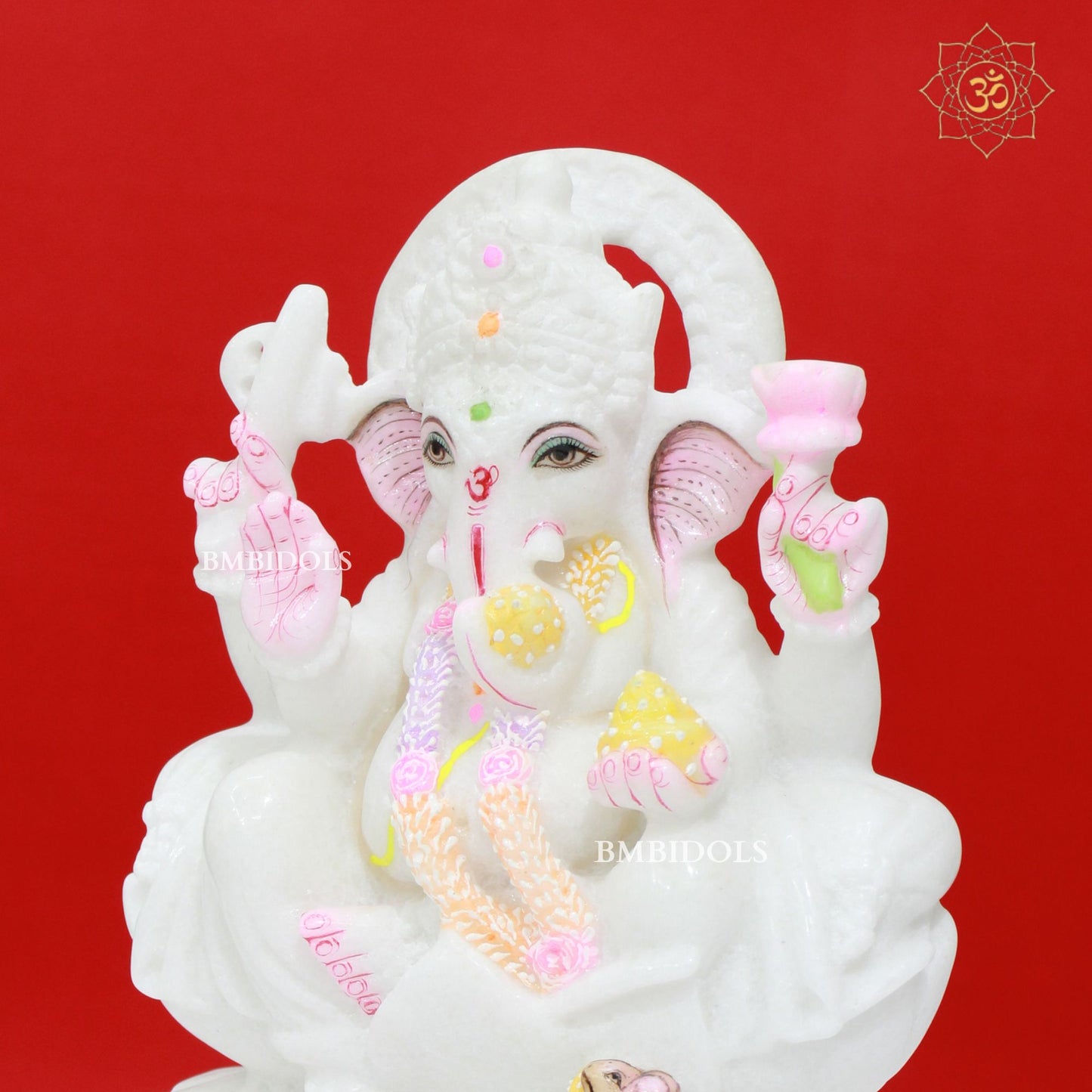 White Marble Ganesh Statue sitting on Lotus in 9inches