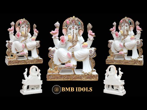 Marble Ganpati Statue sitting on the chowki for Home Temples 9inches