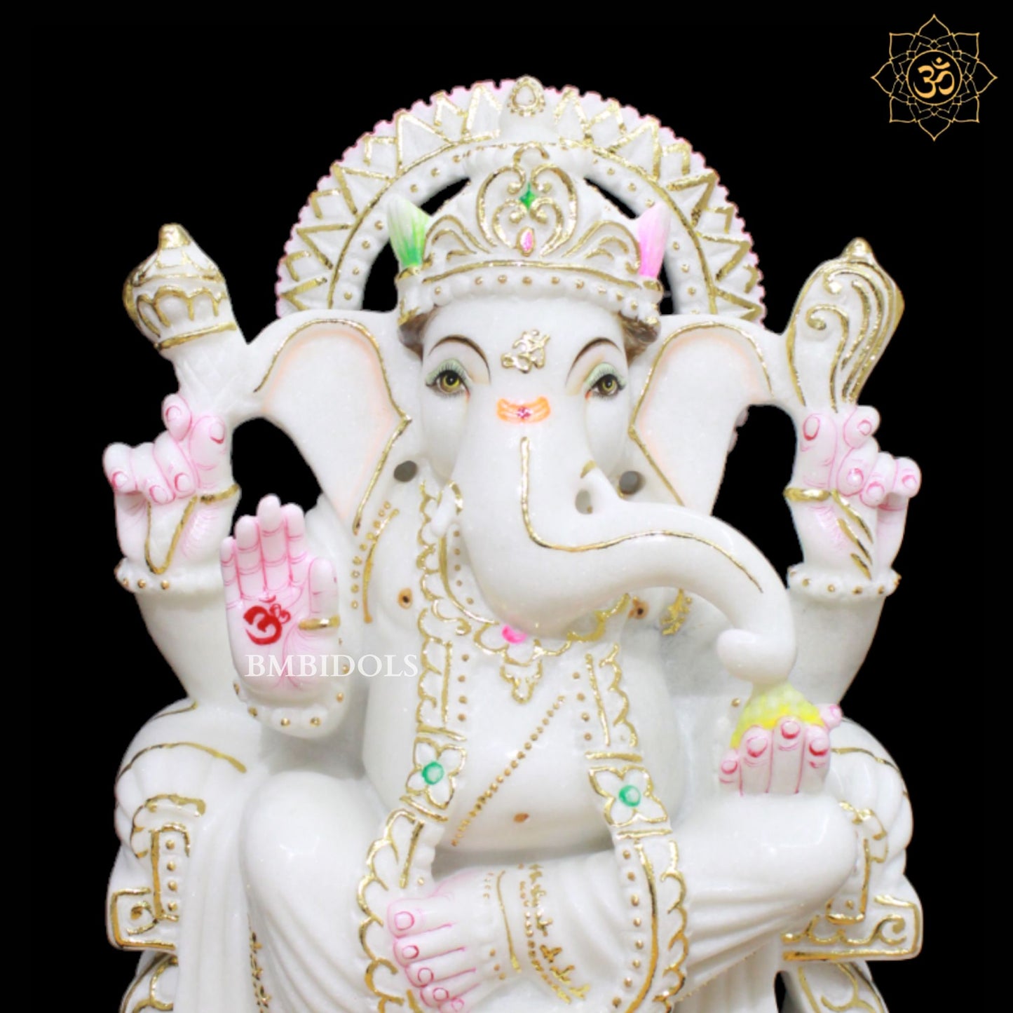 White Marble Ganpati Murti in 15inches with Full Goldwork