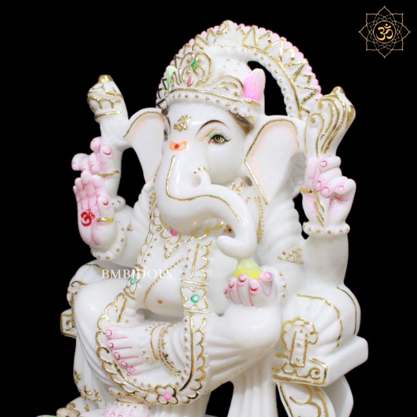 White Marble Ganpati Murti in 15inches with Full Goldwork