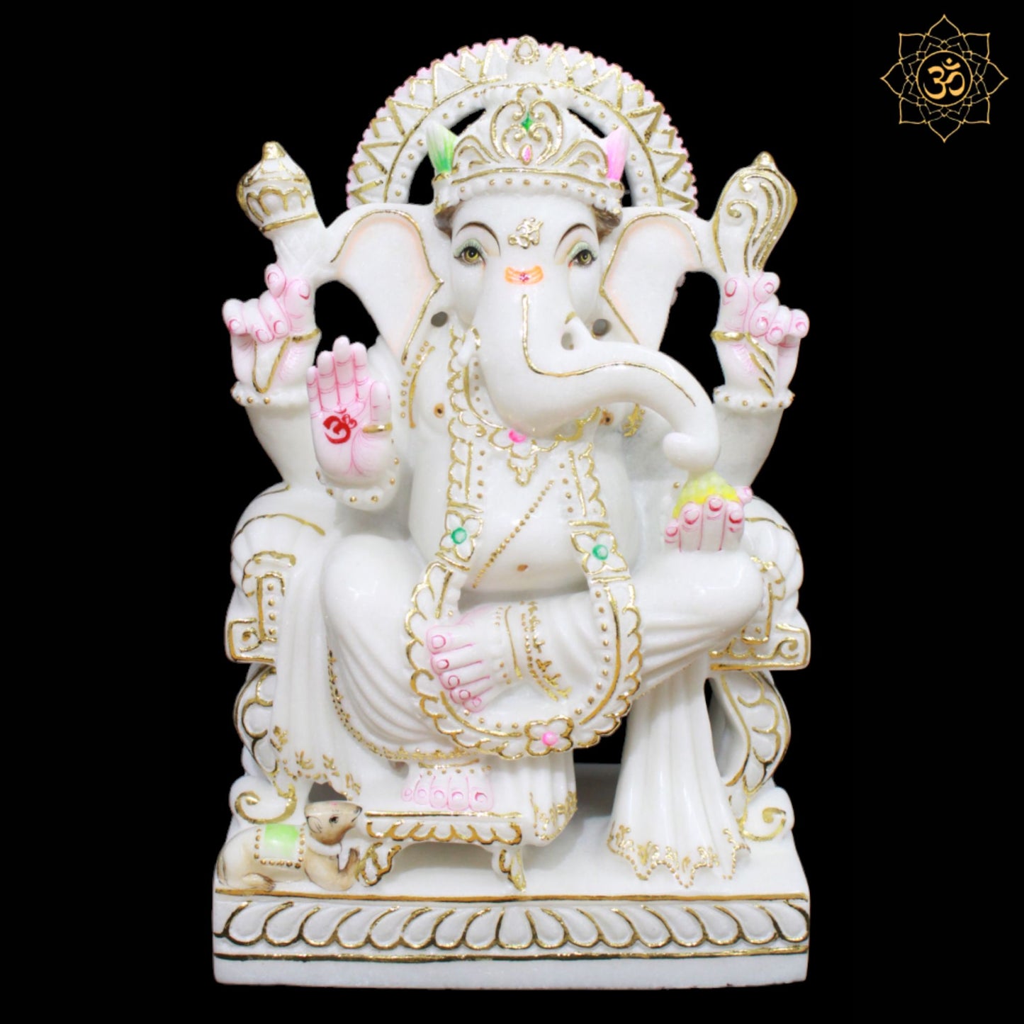 White Marble Ganpati Murti in 15inches with Full Goldwork